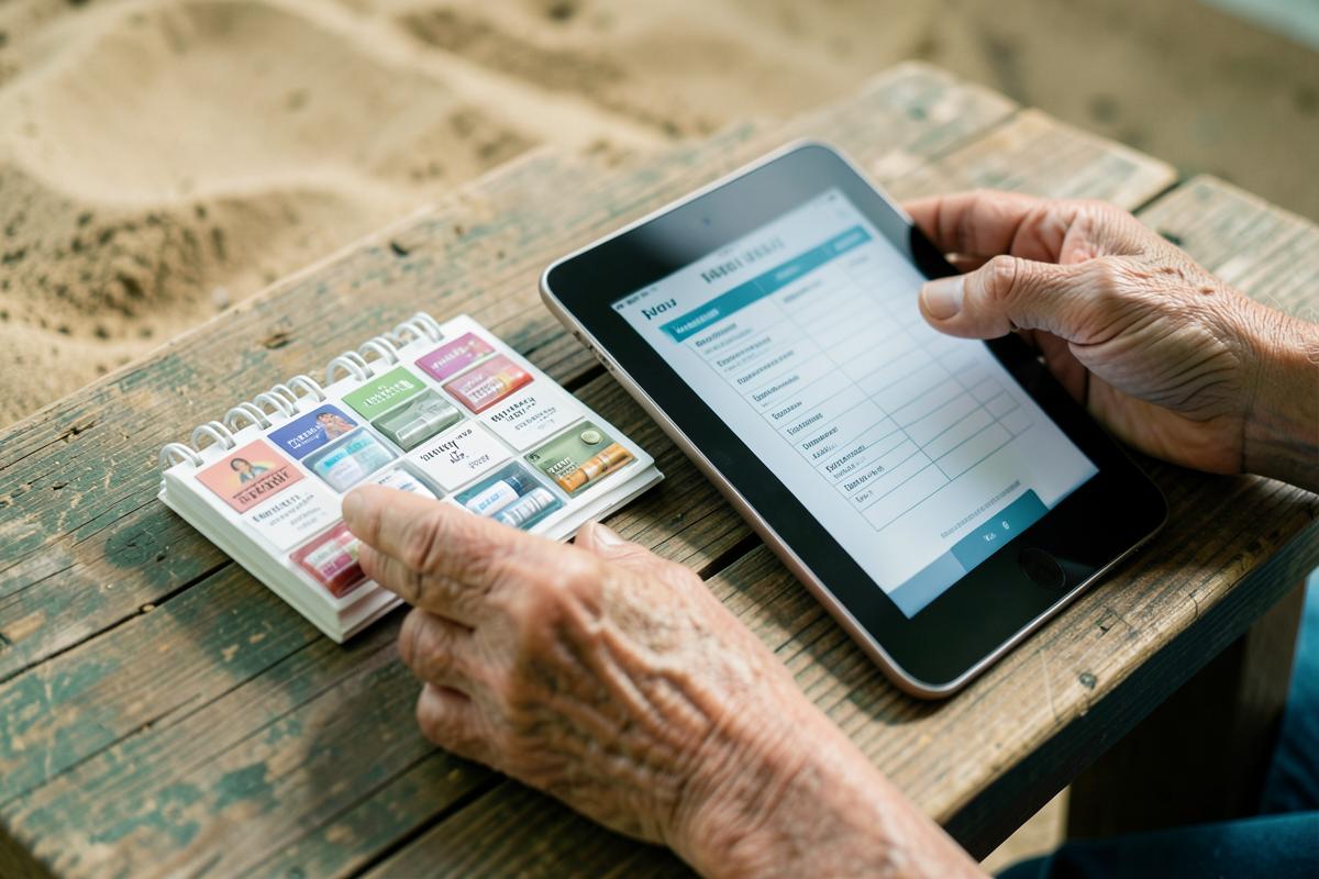 Medicindosett och en enkel checklista på en surfplatta